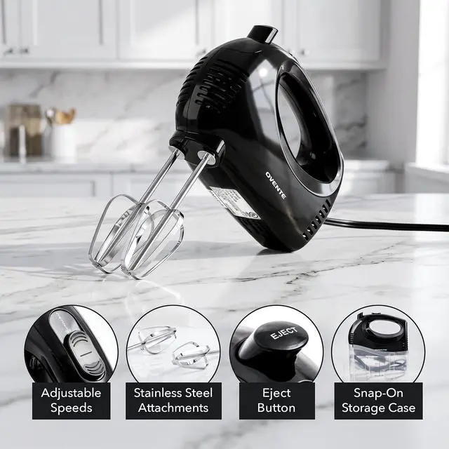 Alt view image 2 of 7 - 5-Speed Electric Hand Mixer with Storage Case,150W, Black HM151B | Stainless Steel Whisks, Compact Portable Design, Lightweight Handheld Mixer for Baking & Cooking