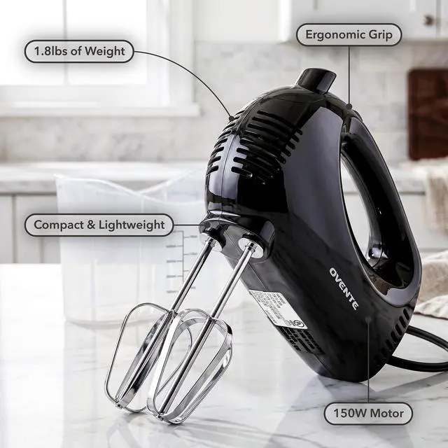 Alt view image 4 of 7 - 5-Speed Electric Hand Mixer with Storage Case,150W, Black HM151B | Stainless Steel Whisks, Compact Portable Design, Lightweight Handheld Mixer for Baking & Cooking