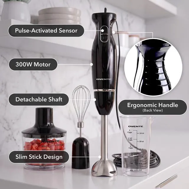 Alt view image 4 of 7 - Electric Hand Blender Set with 2 Mixing Speeds, 300W Black HS565B | Corded Immersion Handheld Stick Mixer with Stainless Steel Blades, Egg Whisk, Beaker & BPA-Free Food Chopper