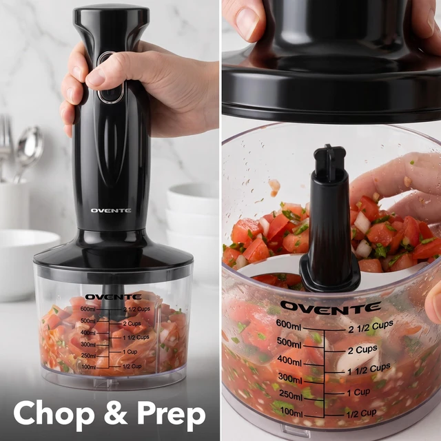 Alt view image 6 of 7 - Electric Hand Blender Set with 2 Mixing Speeds, 300W Black HS565B | Corded Immersion Handheld Stick Mixer with Stainless Steel Blades, Egg Whisk, Beaker & BPA-Free Food Chopper