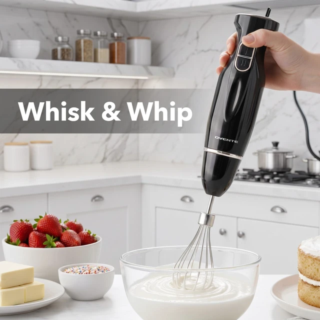 Alt view image 7 of 7 - Electric Hand Blender Set with 2 Mixing Speeds, 300W Black HS565B | Corded Immersion Handheld Stick Mixer with Stainless Steel Blades, Egg Whisk, Beaker & BPA-Free Food Chopper