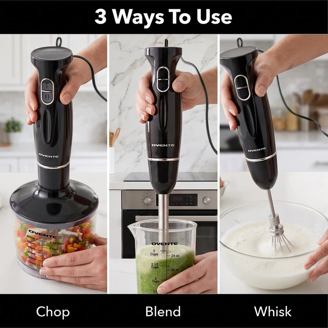 Alt view image 5 of 7 - Electric Hand Blender Set with 2 Mixing Speeds, 300W Black HS565B | Corded Immersion Handheld Stick Mixer with Stainless Steel Blades, Egg Whisk, Beaker & BPA-Free Food Chopper