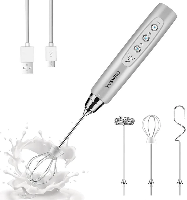 Main image of Handheld Milk Frother Wand for Coffee, Rechargeable Electric Whisk with 3 Heads 3 Speeds Drink Mixer Coffee Frother For Latte, Cappuccino, Hot Chocolate, Egg, Silver