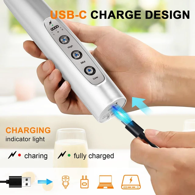 Alt view image 2 of 7 - Handheld Milk Frother Wand for Coffee, Rechargeable Electric Whisk with 3 Heads 3 Speeds Drink Mixer Coffee Frother For Latte, Cappuccino, Hot Chocolate, Egg, Silver