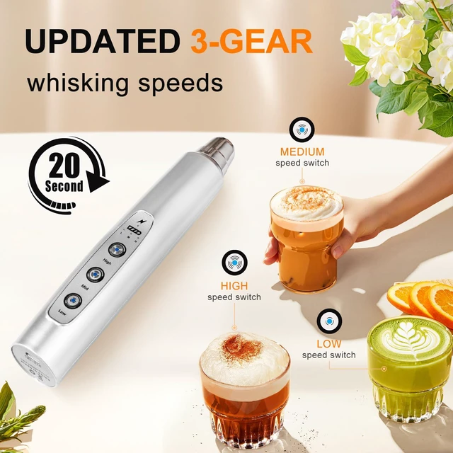 Alt view image 3 of 7 - Handheld Milk Frother Wand for Coffee, Rechargeable Electric Whisk with 3 Heads 3 Speeds Drink Mixer Coffee Frother For Latte, Cappuccino, Hot Chocolate, Egg, Silver