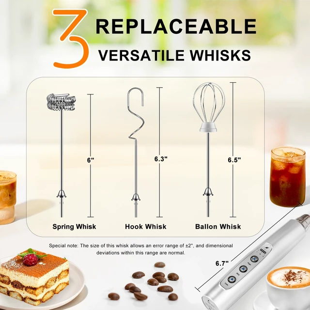 Alt view image 5 of 7 - Handheld Milk Frother Wand for Coffee, Rechargeable Electric Whisk with 3 Heads 3 Speeds Drink Mixer Coffee Frother For Latte, Cappuccino, Hot Chocolate, Egg, Silver