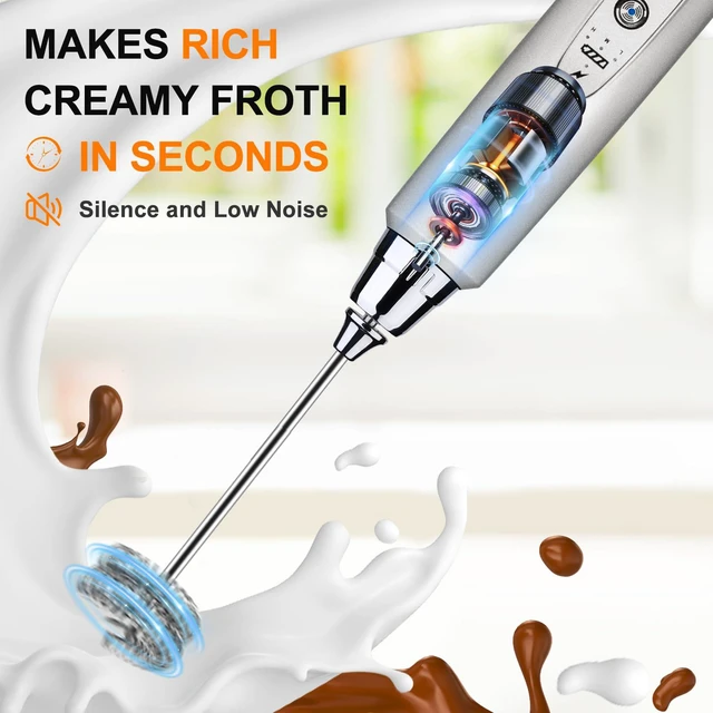 Alt view image 6 of 7 - Handheld Milk Frother Wand for Coffee, Rechargeable Electric Whisk with 3 Heads 3 Speeds Drink Mixer Coffee Frother For Latte, Cappuccino, Hot Chocolate, Egg, Silver