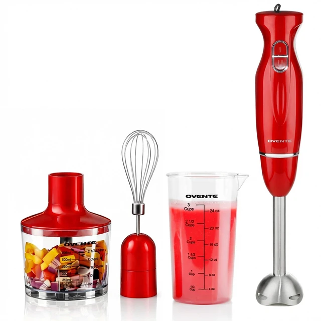 Main image of Electric Hand Blender Set with 2 Mixing Speeds, 300W Red HS565R | Corded Immersion Handheld Stick Mixer with Stainless Steel Blades, Egg Whisk, Beaker & BPA-Free Food Chopper