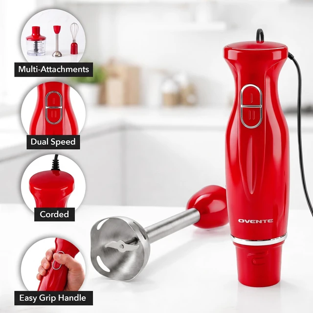 Alt view image 2 of 7 - Electric Hand Blender Set with 2 Mixing Speeds, 300W Red HS565R | Corded Immersion Handheld Stick Mixer with Stainless Steel Blades, Egg Whisk, Beaker & BPA-Free Food Chopper