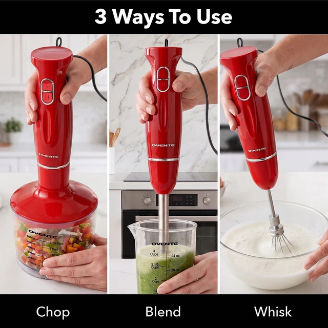Alt view image 5 of 7 - Electric Hand Blender Set with 2 Mixing Speeds, 300W Red HS565R | Corded Immersion Handheld Stick Mixer with Stainless Steel Blades, Egg Whisk, Beaker & BPA-Free Food Chopper