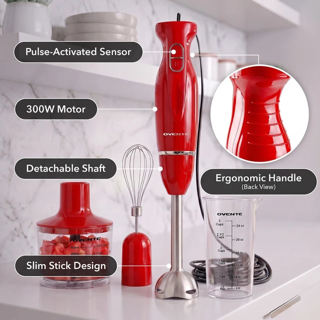 Alt view image 4 of 7 - Electric Hand Blender Set with 2 Mixing Speeds, 300W Red HS565R | Corded Immersion Handheld Stick Mixer with Stainless Steel Blades, Egg Whisk, Beaker & BPA-Free Food Chopper