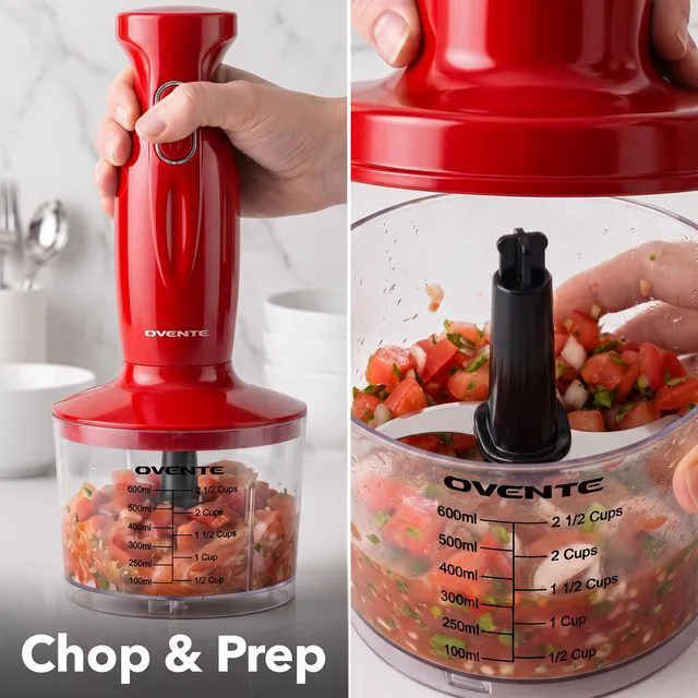 Alt view image 6 of 7 - Electric Hand Blender Set with 2 Mixing Speeds, 300W Red HS565R | Corded Immersion Handheld Stick Mixer with Stainless Steel Blades, Egg Whisk, Beaker & BPA-Free Food Chopper