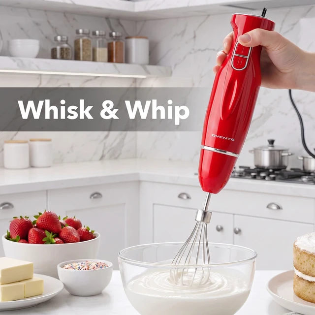 Alt view image 7 of 7 - Electric Hand Blender Set with 2 Mixing Speeds, 300W Red HS565R | Corded Immersion Handheld Stick Mixer with Stainless Steel Blades, Egg Whisk, Beaker & BPA-Free Food Chopper