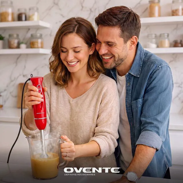 Alt view image 3 of 7 - Electric Hand Blender Set with 2 Mixing Speeds, 300W Red HS565R | Corded Immersion Handheld Stick Mixer with Stainless Steel Blades, Egg Whisk, Beaker & BPA-Free Food Chopper