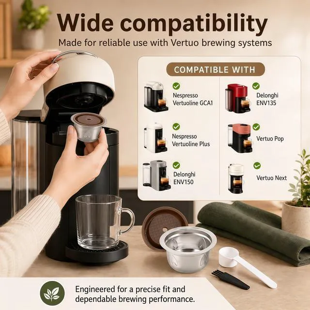 Alt view image 3 of 7 - Refillable Pods for Nespresso Vertuo Machine: Stainless Steel Reusable Coffee Capsule Kit with Spoon Brush 230ml Coffee Accessories for Nespresso Home Office Use