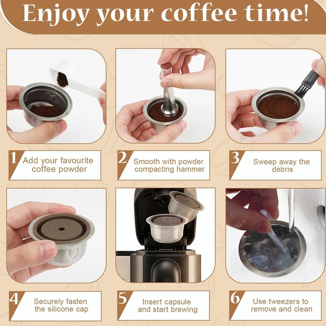 Alt view image 5 of 7 - Reusable Coffee Pods Kit, 80ml Stainless Steel Coffee Capsule with Silicone Lid, Spoon, Brush, Coffee Tamper, Tweezers