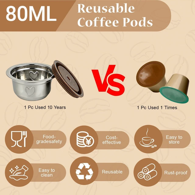 Alt view image 6 of 7 - Reusable Coffee Pods Kit, 80ml Stainless Steel Coffee Capsule with Silicone Lid, Spoon, Brush, Coffee Tamper, Tweezers