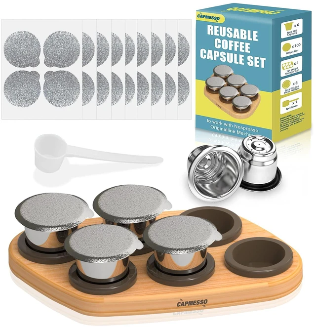 Main image of Reusable Capsules for Nespresso OriginalLine: 6 Stainless Pods | Portable Coffee Case with Wood Storage Tray Holds & 6 Stainless Steel Coffee Pods & 100 Foil Lids & Scoop Keeps Coffee Fresh