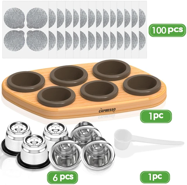 Alt view image 2 of 7 - Reusable Capsules for Nespresso OriginalLine: 6 Stainless Pods | Portable Coffee Case with Wood Storage Tray Holds & 6 Stainless Steel Coffee Pods & 100 Foil Lids & Scoop Keeps Coffee Fresh