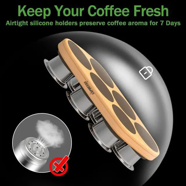 Alt view image 4 of 7 - Reusable Capsules for Nespresso OriginalLine: 6 Stainless Pods | Portable Coffee Case with Wood Storage Tray Holds & 6 Stainless Steel Coffee Pods & 100 Foil Lids & Scoop Keeps Coffee Fresh
