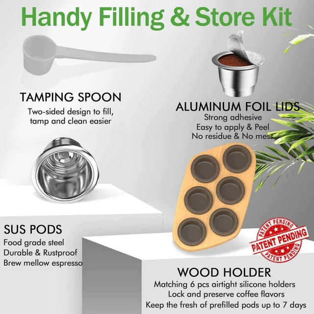 Alt view image 5 of 7 - Reusable Capsules for Nespresso OriginalLine: 6 Stainless Pods | Portable Coffee Case with Wood Storage Tray Holds & 6 Stainless Steel Coffee Pods & 100 Foil Lids & Scoop Keeps Coffee Fresh