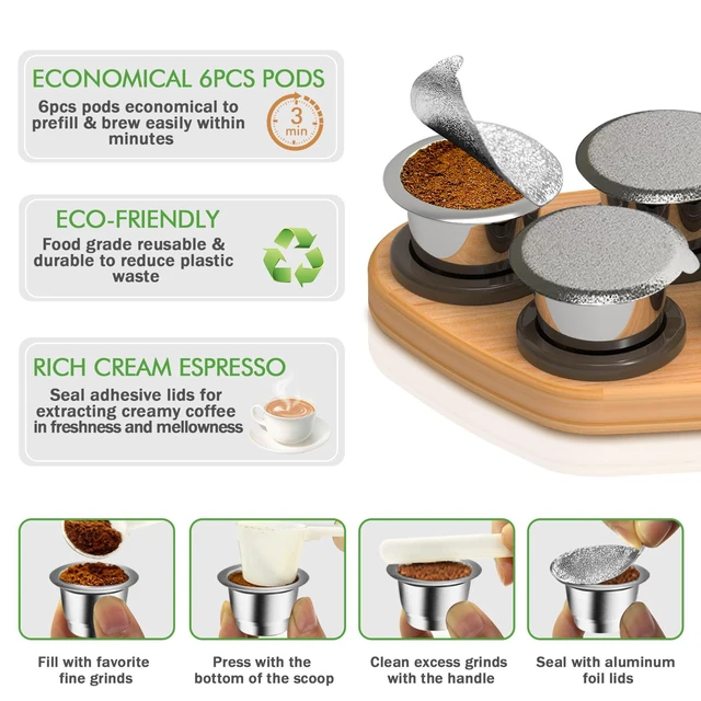 Alt view image 6 of 7 - Reusable Capsules for Nespresso OriginalLine: 6 Stainless Pods | Portable Coffee Case with Wood Storage Tray Holds & 6 Stainless Steel Coffee Pods & 100 Foil Lids & Scoop Keeps Coffee Fresh