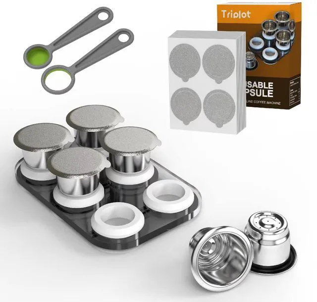 Main image of Reusable Capsules for Nespresso OriginalLine - 6pcs Refillable Coffee Pods,Stainless Steel Cups Compatible for Nespresso OriginalLine Machine (6Pods+100pcs Lids+Storage Board)
