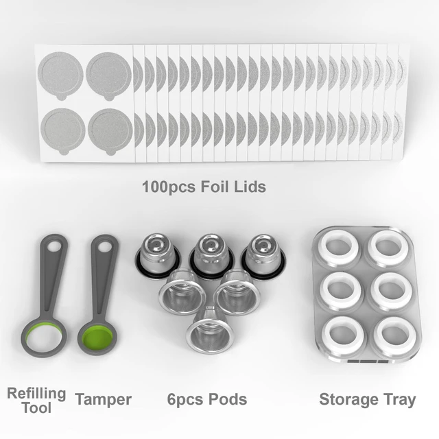 Alt view image 2 of 7 - Reusable Capsules for Nespresso OriginalLine - 6pcs Refillable Coffee Pods,Stainless Steel Cups Compatible for Nespresso OriginalLine Machine (6Pods+100pcs Lids+Storage Board)