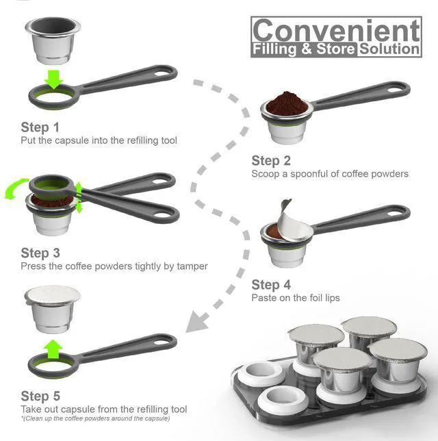 Alt view image 3 of 7 - Reusable Capsules for Nespresso OriginalLine - 6pcs Refillable Coffee Pods,Stainless Steel Cups Compatible for Nespresso OriginalLine Machine (6Pods+100pcs Lids+Storage Board)
