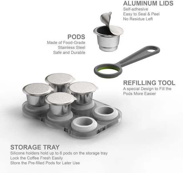 Alt view image 4 of 7 - Reusable Capsules for Nespresso OriginalLine - 6pcs Refillable Coffee Pods,Stainless Steel Cups Compatible for Nespresso OriginalLine Machine (6Pods+100pcs Lids+Storage Board)