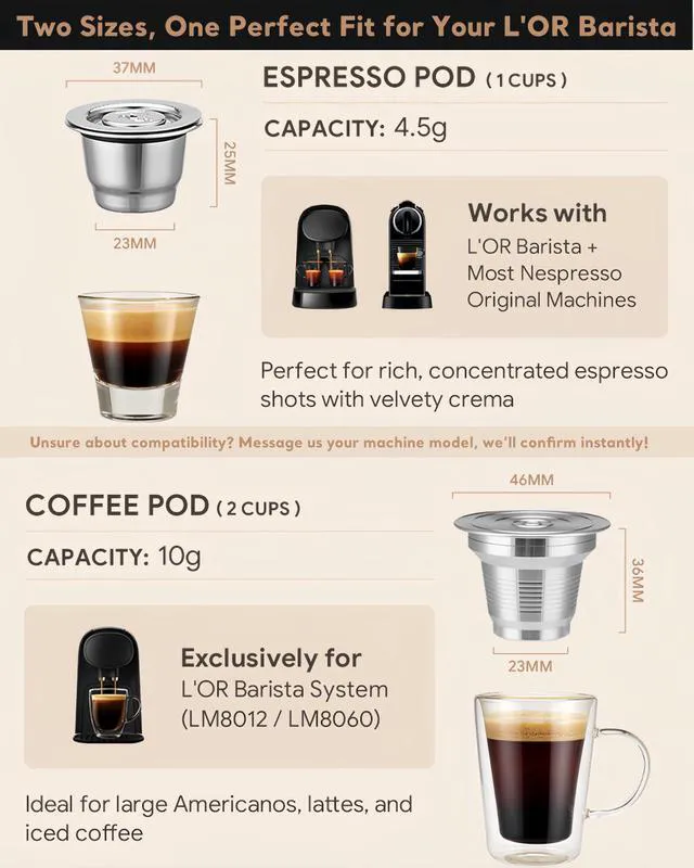 Alt view image 4 of 7 - 2 Pcs Reusable Stainless Steel Coffee Capsules Compatible with L'OR Barista LM8012 / 60, Refillable Coffee Pods Metal L'or Espresso Pods(Big & Small)