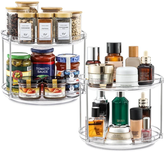 Main image of 2 Set 2 Tier Stable Clear Acrylic Lazy Susan Turntable Organizers, 9.25'' | Thick, 360° Smoothly Rotating - Non-Skid Kitchen Spice Rack, Countertop Pantry Vanity Bathroom Medicine Cabinet Organization