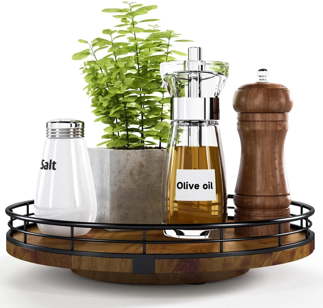 Main image of 10-Inch Farmhouse Oak Lazy Susan Cabinet Organizer, Walnut Finish | Smooth rotating oak tray with walnut finish for dining tables, kitchen counters, pantries and cabinet storage.