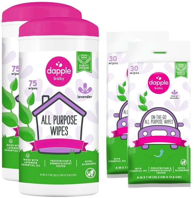 Main image of Baby All Purpose Cleaning Wipes - Multipack - Lavender Scent | 75 Count Canisters (2 Pack) + 30 Count Pouches (2 Pack) - Plant-Powered -Hypoallergenic - Baby Essentials