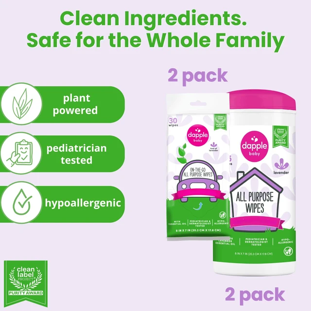 Alt view image 5 of 6 - Baby All Purpose Cleaning Wipes - Multipack - Lavender Scent | 75 Count Canisters (2 Pack) + 30 Count Pouches (2 Pack) - Plant-Powered -Hypoallergenic - Baby Essentials