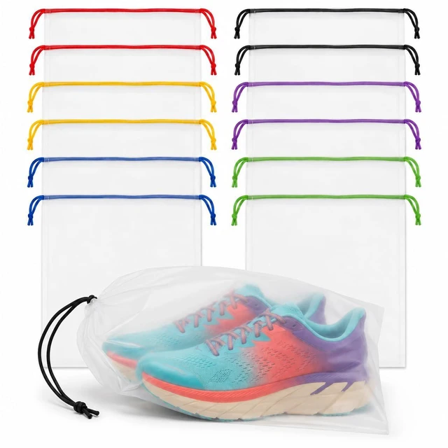 Main image of Shoe Bags for Travel, 12 Pack Clear Drawstring Organizers, Waterproof PE Plastic Pouches for Packing Shoes, Toiletries, Cosmetics, Gym Clothes, Wet Swimsuits