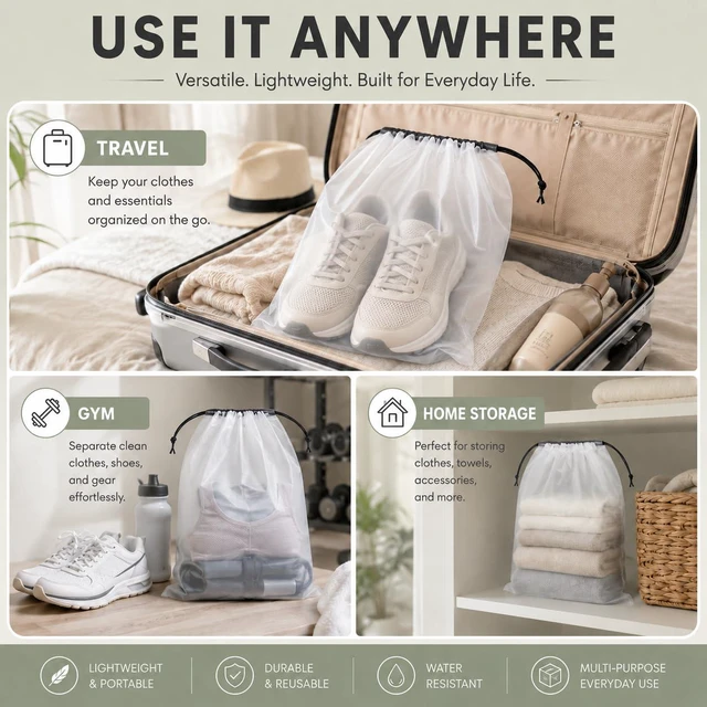 Alt view image 5 of 7 - Shoe Bags for Travel, 12 Pack Clear Drawstring Organizers, Waterproof PE Plastic Pouches for Packing Shoes, Toiletries, Cosmetics, Gym Clothes, Wet Swimsuits