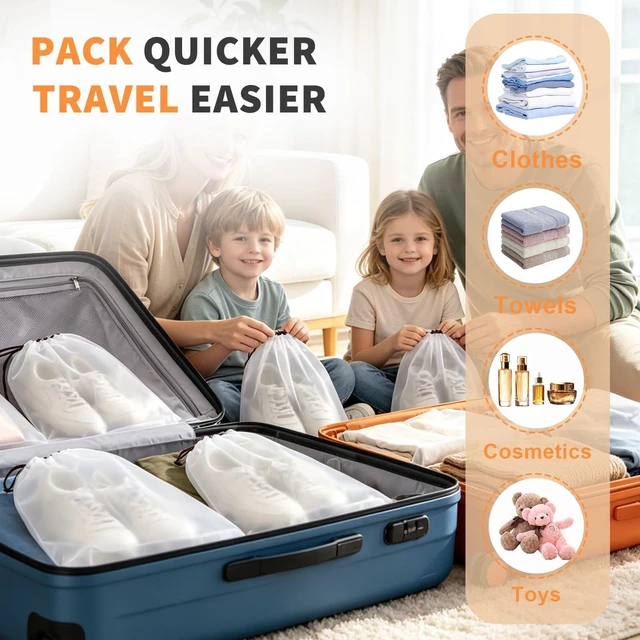 Alt view image 5 of 7 - Shoe Bags for Travel 8 Pcs, Clear Waterproof Travel Shoe Bags for Packing 15.7" x 11.8" Reusable Storage Bags whit Drawstring for Gym, Suitcase & Home Organization,Travel Essentials for Men and Women