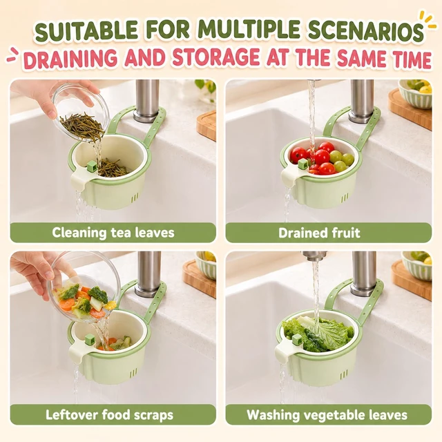 Alt view image 7 of 7 - 2Pcs Hanging Sink Drain Basket,Cactus Kitchen Sink Strainer Basket,Self-Cleaning Faucet Hanging Filter Basket,Multifunctional Kitchen Sink Strainer Press Automatic Dumping Basket (Green + Brown)