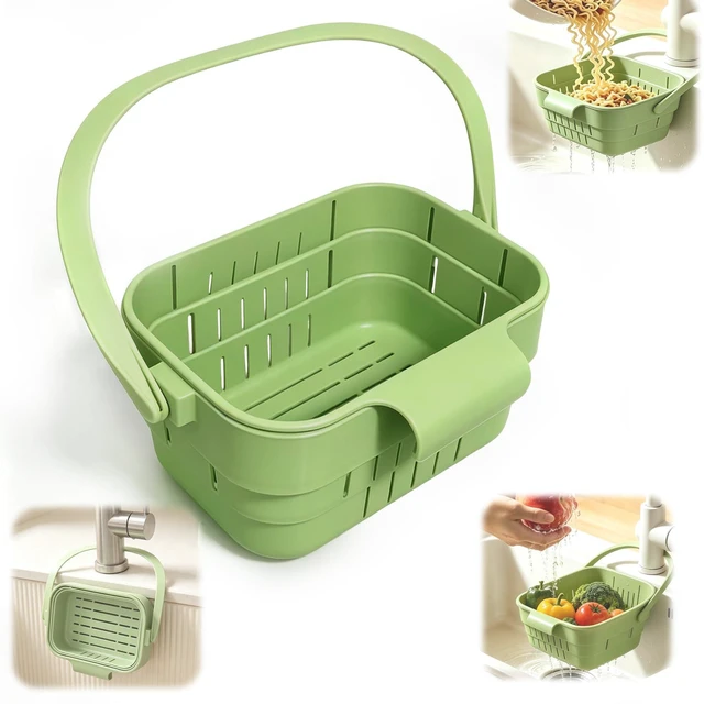 Main image of Foldable Hanging Sink Drain Basket, Hanging Sink Basket (Green) | No-Drill Foldable Design Saves Sink Space with Fast Drainage for Food Scraps, Sponge Storage, Fruit Rinsing and Kitchen Use
