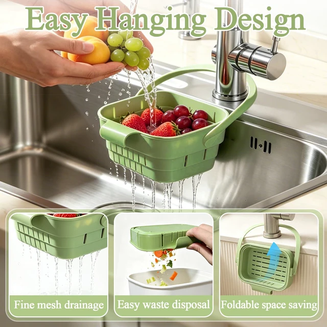 Alt view image 2 of 7 - Foldable Hanging Sink Drain Basket, Hanging Sink Basket (Green) | No-Drill Foldable Design Saves Sink Space with Fast Drainage for Food Scraps, Sponge Storage, Fruit Rinsing and Kitchen Use