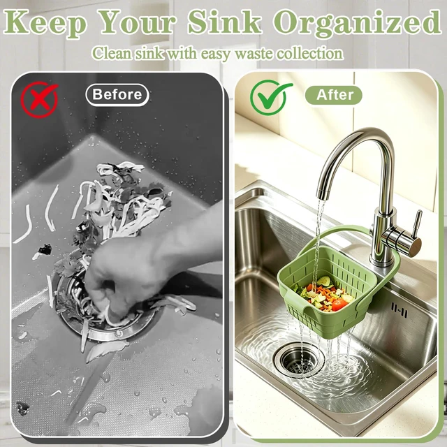 Alt view image 3 of 7 - Foldable Hanging Sink Drain Basket, Hanging Sink Basket (Green) | No-Drill Foldable Design Saves Sink Space with Fast Drainage for Food Scraps, Sponge Storage, Fruit Rinsing and Kitchen Use