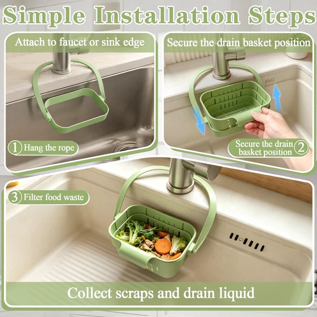 Alt view image 4 of 7 - Foldable Hanging Sink Drain Basket, Hanging Sink Basket (Green) | No-Drill Foldable Design Saves Sink Space with Fast Drainage for Food Scraps, Sponge Storage, Fruit Rinsing and Kitchen Use