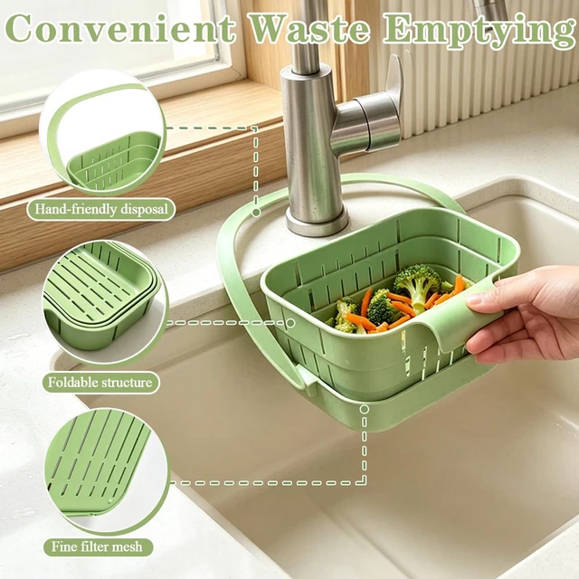 Alt view image 5 of 7 - Foldable Hanging Sink Drain Basket, Hanging Sink Basket (Green) | No-Drill Foldable Design Saves Sink Space with Fast Drainage for Food Scraps, Sponge Storage, Fruit Rinsing and Kitchen Use