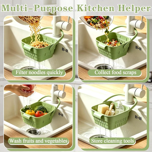 Alt view image 6 of 7 - Foldable Hanging Sink Drain Basket, Hanging Sink Basket (Green) | No-Drill Foldable Design Saves Sink Space with Fast Drainage for Food Scraps, Sponge Storage, Fruit Rinsing and Kitchen Use