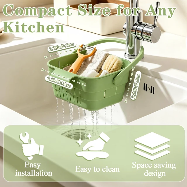 Alt view image 7 of 7 - Foldable Hanging Sink Drain Basket, Hanging Sink Basket (Green) | No-Drill Foldable Design Saves Sink Space with Fast Drainage for Food Scraps, Sponge Storage, Fruit Rinsing and Kitchen Use