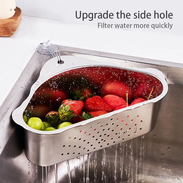 Alt view image 3 of 7 - Triangle Sink Drainer Basket, Stainless Steel Sink Drain Strainer Basket, Suction Cup Triangular Filter Drain Basket Kitchen Sinks Corner for Filter Food Waste and Washing Fruit(COLOR:Silver)