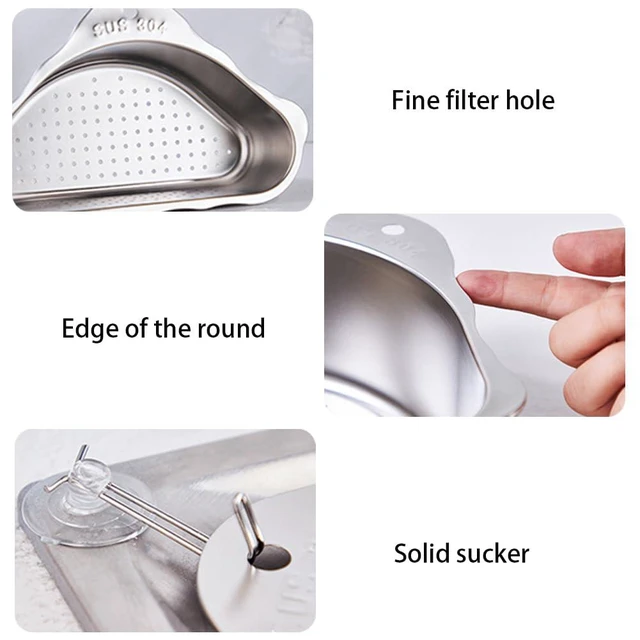 Alt view image 7 of 7 - Triangle Sink Drainer Basket, Stainless Steel Sink Drain Strainer Basket, Suction Cup Triangular Filter Drain Basket Kitchen Sinks Corner for Filter Food Waste and Washing Fruit(COLOR:Silver)