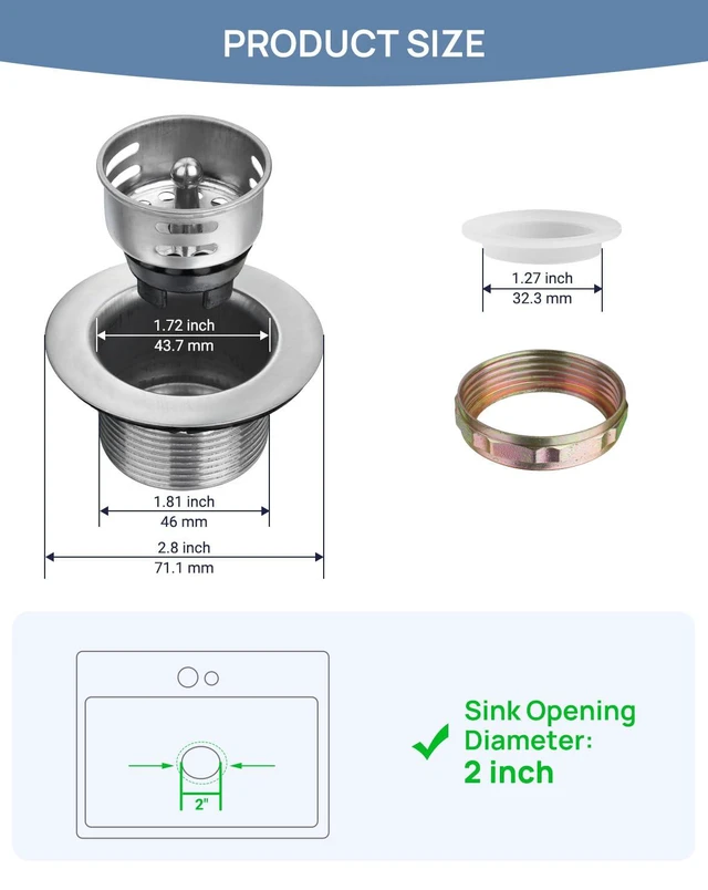 Alt view image 2 of 6 - 2-in rv Sink Drain Kit, Bar Sink Drain Strainer Basket Assembly | Commercial Grade Small Sink Drain Fits 2" Sink Opening for Prep & Hand Wash & rv & Bar Sink, 304 Stainless with Chrome Finish