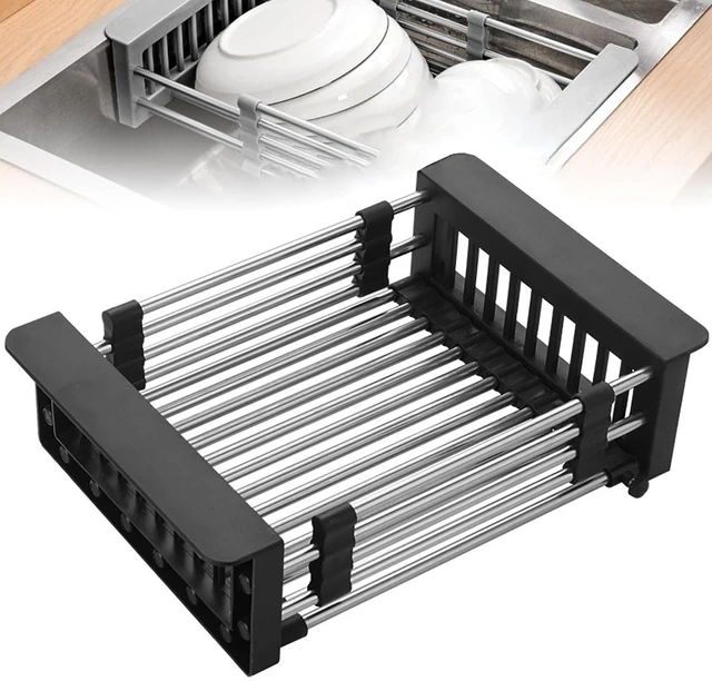 Main image of Extend Kitchen Sink Drain Basket,Stainless Steel Retractable Sink Rack,Over Sink Dish Rack,Portable Telescopic Kitchen Sinks Accessories,Extender Basket for Vegetables Fruits and Dishes(Black,Large)